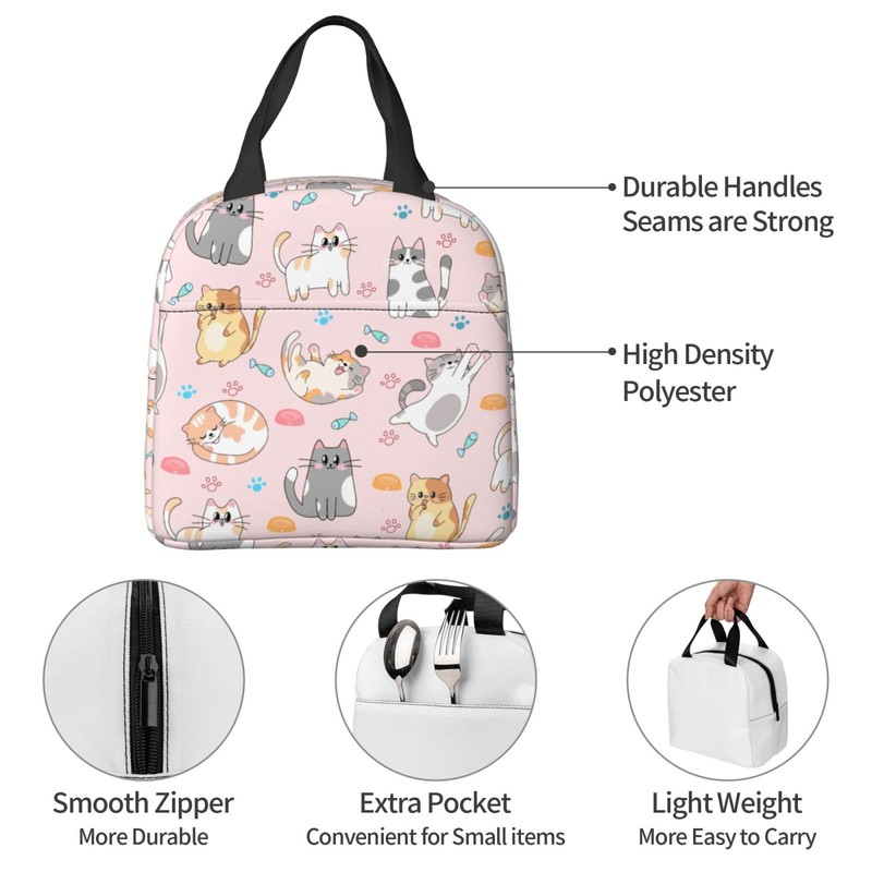 Pink Cat Lunch Bag Reusable Zipper Closure Insulated Pink Cats