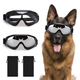 Jiayaus 4Pcs Dog Goggles, 2Pcs Dog Sunglasses with Glasses Pouch for Medium & Large Breed, Anti-UV Protection Sunglasses for Dogs Adjustable Strap for Outdoor Hiking (Silver and Clear)