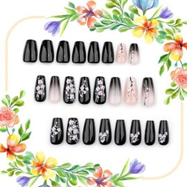 Flower Press on Nails Medium Ballet Shaped Black Gradient Artificial Fingernails Pink Plum Bossom Pattern Design Press Acrylic Fake Nail Full Cover Artificial Stick on Nails for Women Manicure Kit