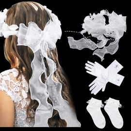 SPOKKI Communion Hair Accessories Set Headband Communion Girls Hair Wreath with White Flowers Pearls Organza Bands Hair Accessories Communion Girls Socks Gloves for Communion Wedding Flower Girl