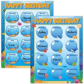 Qyeahkj 17.7 x 13.7 in Happy Birthday Chart Poster Set Under The Sea Calendar Classroom Decorations Ocean Animal Chart Bulletin Board Back to School Teaching Supplies Class Decor