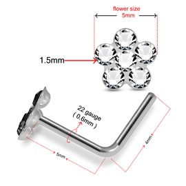 AZARIO LONDON Pink Multi Crystal Flower 22 Gauge 925 Sterling Silver L Bend Nose Piercing