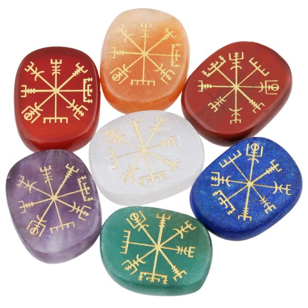 SUNYIK 7 Chakra Engraved Vegvisir Symbols Stone Set, Flat Oval Worry Palm Pocket Stone for Healing Decoration