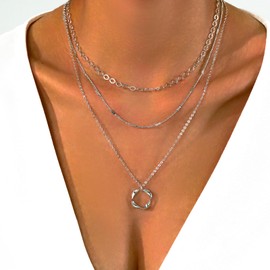 TRWWELL Layered Silver Necklaces for women,Stackable Simple Silver Plated Chain Necklace Layering Fashion Circle Pendant Trendy Silver Jewelry for Women Trendy Set Gifts