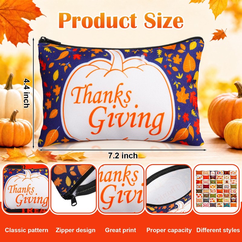 48 Pcs Fall Makeup Bags Bulk, Thanksgiving Canvas Cosmetic Pouch