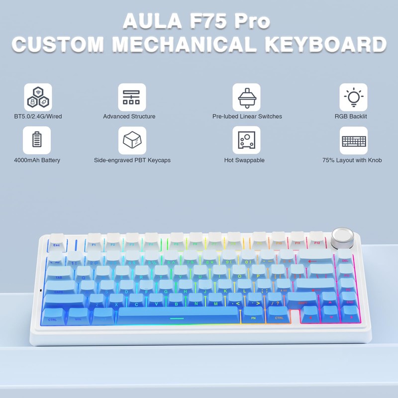 AULA F75 Pro Wireless Mechanical Keyboard,75% Hot Swappable Custom Keyboard,RGB