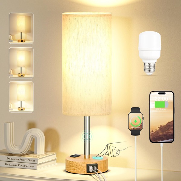 Kakanuo Bedside Lamp Touch Dimmable with USB A+C Connection + Socket LED Bulb, Table Lamp with Charging Function, Linen Fabric Lampshade, Small Lamp for Living Room, Bedroom, Children's Room, Office