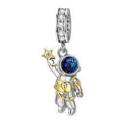 GNOCE Astronaut in Space Pendant Charm 925 Sterling Silver 18 Carat Gold-Plated Dangle Charms Fit Bracelets Necklace Jewellery Gift for Women Men Girls, Silver, Cubic Zirconia