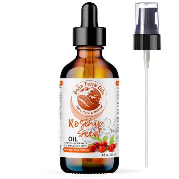 Bella Terra Oils Rosehip Seed Oil. 4oz. 100% Pure. Cold-pressed. Unrefined. Chemical-free. Rich in Vitamin C. Great for Mature Skin. Natural Moisturizer for Hair, Skin, Nails, Stretch Marks