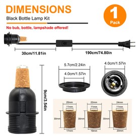 Lamp Kits Do it Yourself, DIY Bottle Lamp Kit, 240cm Black Bottle Lamp Adaptor Kit, E26 Wine Bottle Lights, Lamp Fittings Kit for Table Lamp, E27 Lamp Holder,Includes 3 Sizes of Stoppers,No Drilling