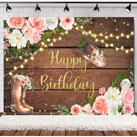 SVBright Cowgirl Birthday Backdrop 8Wx6H Western Rustic Country Wooden Plank Pink Flower Floral Happy Birthday Baby Shower Hat Plant Decorations Photography Background Banner Photo Booth Studio