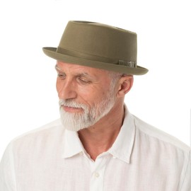 Stetson Cotton Pork Pie Fabric Hat - Plain Hat - Classic Cut - Made in Italy - For Men and Women - Spring/Summer, olive