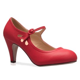 Olivia K Women's Kitten Heels Mary Jane Pumps - Adorable Vintage Shoes- Unique Round Toe Design with an Adjustable Strap (9,Red Pu)