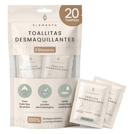 Elementa Toallitas Desmaquillantes Individuales, Toallitas Húmedas para Desmaquillar Ojos y Rostro, con Aloe Vera y Vitamina E, Hipoalergénicas, Biode