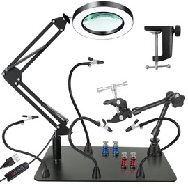 Magnetic Helping Hands with 10X Magnifying Lamp,Larger Sturdy Base,360 Hot Air Gun Holder,4 Flexible Magnetic Arms 4 PCB Holder, Lighted Magnifying Glass for Repair Solder Station.