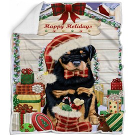 Rottweiler Dog Blanket - Christmas House with Presents - Super Soft & Warm Pet Theme for Sofa or Bed, Warm Fleece, Sherpa or Woven Material, BLNKT67051 (60x80 Fleece)
