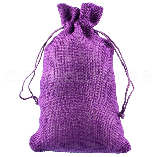CleverDelights Purple Burlap Bags - 6" x 10" - 5 Pack - Natural Jute Burlap Drawstring Pouch Bag