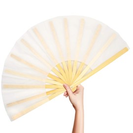 OMyTea Bamboo Large Rave Folding Hand Fan for Men/Women - Chinese Japanese Kung Fu Tai Chi Handheld Fan with Fabric Case - for Performance, Decorations, Dancing, Festival, Gift (White)