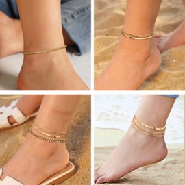 Thunaraz Gold Ankle Bracelets For Women,14k Gold Plated Waterproof Anklets Bracelet Set,Cuban Link Chain Anklets For Women Gold Layered Anklet Bracelet For Women Beach Gift Adjustable Size 5Pcs