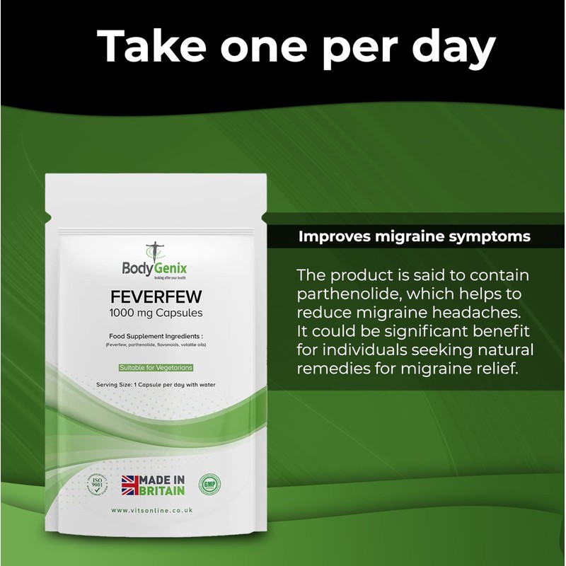 Bodygenix Feverfew 1000mg Capsules - Migraine Headaches Relief Joints Health