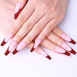 24 PCS Matte Colors Press On Long False Nails Medium Length Square Full Cover Acrylic Fake Nails for Women Lady Removable Summer Fashion Ballerina Nails for Nail Salons and Home DIY Nail Art (MTFS01-KP Red)