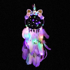 SoulQool Unicorn Dream Catcher with Lights,Colorful Feather Handmade Dream Catchers Flowers for Bedroom Wall Hanging Decor (Purple with colorful lights)