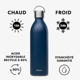 Qwetch - Water Bottle 1 L Stainless Steel Marine Blue Active - Thermos Flask Made from 90% Recycled Stainless Steel - 24 Hours Cold & 12 Hours Hot - Insulated Flask, Leak-Proof, BPA-Free and Compact