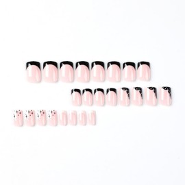Black French Tips Press on Nails Short Square False Nails with Starburst Design White French Tips Fake Nails Reusable Skintones Glue on Nails Glossy Summer Stick on Nails for Women Girl Manicure 24Pcs