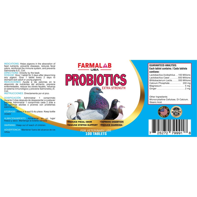 Farmalab Probiotics Extra Strength for Pigeons, 100 Tablets, Immune Support