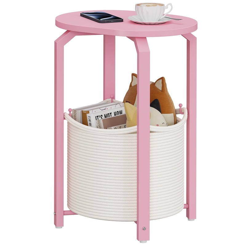 TUTOTAK Oval End Table with Woven Storage Basket, Pink Small
