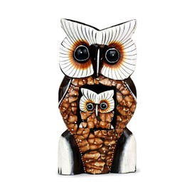 G6 Collection Wooden Handmade Owl Statue with Baby Owl Painted Handcrafted Figurine Art Home Decor Sculpture Hand Carved Decorative Rustic Accent Decoration Cute Baby Owl