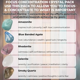 Focus Concentration Crystals - UK Designed 5 Stone Premium Selection for Sincerity, Wealth, Calmness, Peace Comes with Gift Pouch, Wellness Guide & Info Booklet