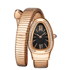 Women's Watches Snake Shape Diamond Watch for Women Luxury Ladies Gold Watch Analog Quartz Wristwatch with Flexible Alloy Strap (Rose Golden Black)