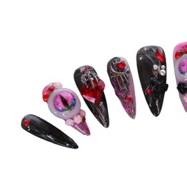 PN-033 Press-On Nails Lacquered Pack of 10 Reusable Artificial Premium Nails Y2K Pastel Goth Eye Heart Red Crystal Stones Black Pink