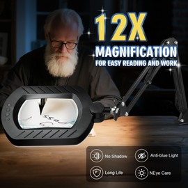 Magnifying Glass with Light and Stand, 144 LEDs Brightest Desktop Magnifying Lamp, 10 Dimmable Brightness 5 Color Modes, Hands Free Metal Desk Lamp for Craft Reading Painting Hobby Close Work
