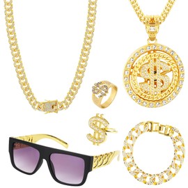 ZSJMY ZSJMY 6 Stück Zuhälter Kostüm Set, 80/90 Jahre Hip Hop Anziehen, Rapper Kostüm, Metall Vergoldet Große Goldkette, Drehbarer US-Dollar Anhänger, Dollar Symbol Ring für Karneval Fasching Mottoparty