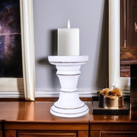 Woodify Wooden Pillar Candle Holder - 6 Inch Tall Decorative Candle Stand - Handcrafted Mango Wood with White Antique Finish - Rustic Home & Table Décor
