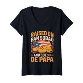 Womens Puerto Rico Raised on Pan Sobao and Queso de Papa Funny Flag V-Neck T-Shirt
