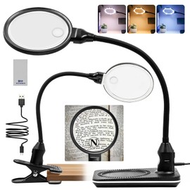 10X 15X Magnifier with Light and Stand, 2-in-1 Large Magnifier Lamp with Clamp, 3 Color Stepless Dimming, 360° Flexible Gooseneck Hands-Free Magnifying Light for Close-Up Work, Crafts, Hobbies