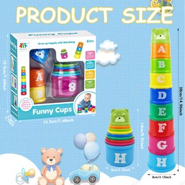 Children's Stacking Cups, Pack of 9 with Letters and Numbers, Stacking Cups, Rainbow Stacking Tower, Stacking Cups, Stacking Cubes, Baby, Sorting and Children's Stacking Cup Game, Educational Toy for