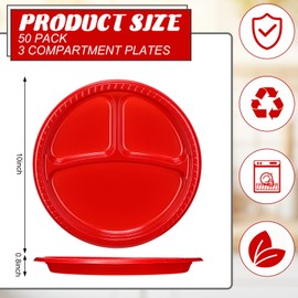 Teenyyou 50 Pcs 10 Inch Plastic 3 Compartment Divided Plates Heavy Disposable Plates Duty Round Dinner Plates with Dividers for Wedding Birthday Party Dinnerware(Red)