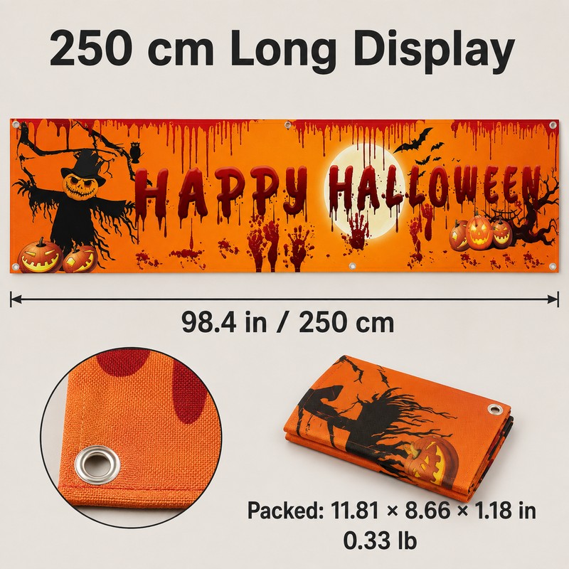 Happy Halloween Hanging Banner – 250cm Pumpkin and Bloody Handprint