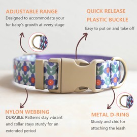 YUDOTE Designer Dog Collar in Floral Pattern Cute Dog Collars for Small Medium Large Dogs and Puppy (Purple Flower,M)