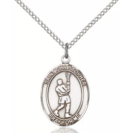 Bliss Sterling Silver Saint Christopher Lacrosse Medal Pendant Necklace 18" Chain