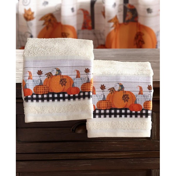 Set of 2 Plaid Pumpkin Bathroom Hand Towels with Autumn Motif