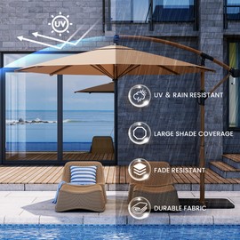 COSIEST 10 FT Offset Patio Umbrella with Wood Grain, Outdoor Cantilever Umbrella with 360-degree Rotation, Handy Crank, UV & Waterproof Canopy, for Backyard, Pool, Garden，Patio