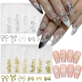 400Pcs Bow Nail Charms 3D Silver Nail Rhinestones for Nail Alloy Cute Nail Jewelry Metallic Gold Manicure Studs Nail Art Supplies Bling Gold Nail Gems Manicure Kits for Women Acrylic Salon Decorations