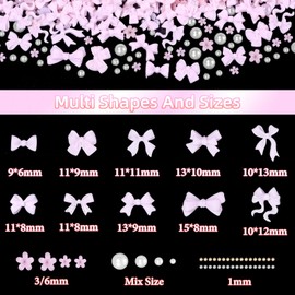 200 Pcs Pink Bow Nail Charms, 3D Bows Bow Tie Nail Art Charms for Acrylic Nails Flowers Resin Nail Charms Half Nail Pearls, Mixed Bows Bowknots Nail Art Charms for Nail Art DIY Accessories