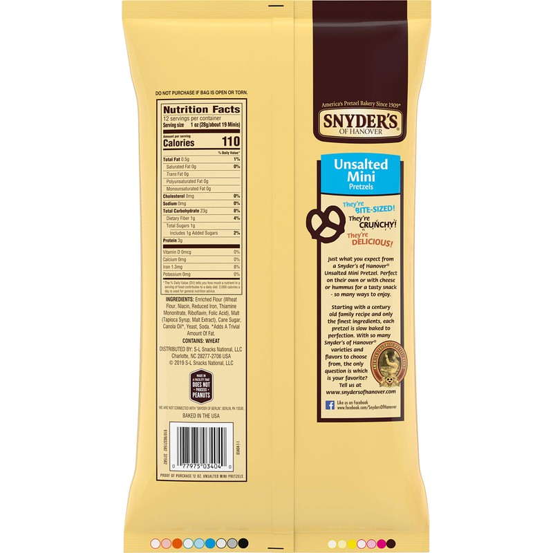 Snyder's of Hanover Mini Pretzels, Unsalted Pretzels, 12 Oz (Pack