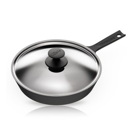 COOKLIFE 10 Inch Smooth Cast Iron Skillet with Stainless Steel Lid - Dishwasher & Oven Safe Pre-Seasoned Cast Iron Pan - Cast Iron Frying Pan for Indoor & Outdoor Use - Dark Black